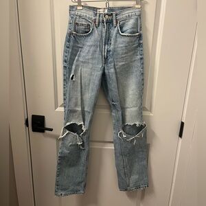 Zara Light Blue Distressed Straight Leg Jeans